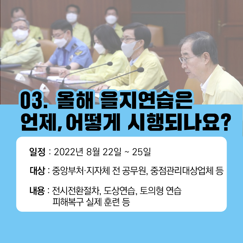 03. 올해 을지연습은 언제, 어떻게 시행되나요? 일정: 2022년 8월 22일 ~ 25일 대상: 중앙부처·지자체 전 공무원, 중점관리대상업체 등 내용: 전시전환절차, 도상연습, 토의형 연습 피해복구 실제 훈련 등