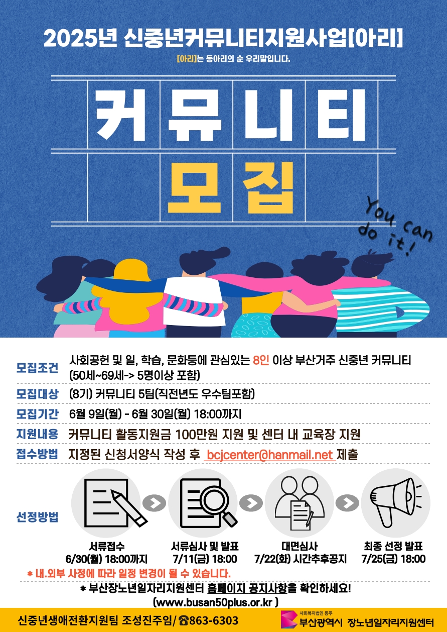2025년 신중년커뮤니티지원사업 [아리] [아리]는 동아리의 순 우리말입니다. • 커뮤니티 모집 You can do it! • 모집조건 : 사회공헌 및 일, 학습, 문화등에 관심있는 8인 이상 부산거주 신중년 커뮤니티 (50세~69세~5명이상 포함) • 모집대상 : (8기) 커뮤니티 5팀(직전년도 우수팀포함) • 모집기간 : 6월 9일(월) - 6월 30일(월) 18:00까지 • 지원내용 : 커뮤니티 활동지원금 100만원 지원 및 센터 내 교육장 지원 • 접수방법 : 지정된 신청서양식 작성 후 bcjcenter@hanmail.net 제출 • 선정방법 : 서류접수 6/30(월) 18:00까지 -> 서류심사 및 발표 7/11(금) 18:00 -> 대면심사 7/22(화) 시간추후공지 -> 최종 선정 발표 7/25(금) 18:00 *내.외부 사정에 따라 일정 변경이 될 수 있습니다. • *부산장노년일자리지원센터 홈페이지 공지사항을 확인하세요! (www.busan50plus.or.kr ) • 신중년생애전환지원팀 조성진주임/863-6303 , 사회복지법인 동주 부산광역시 장노년일자리지원센터