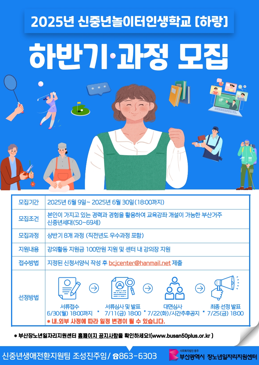 2025년 신중년놀이터인생학교 [하랑] 하반기·과정 모집 • 모집기간 : 2025년 6월 9일~2025년 6월 30일(18:00까지) • 모집조건 : 본인이 가지고 있는 경력과 경험을 활용하여 교육강좌 개설이 가능한 부산거주 신중년세대(50~69세) • 모집과정 : 상반기 8개 과정 (직전년도 우수과정 포함) • 지원내용 : 강의활동 지원금 100만원 지원 및 센터 내 강의장 지원 • 접수방법 : 지정된 신청서양식 작성 후 bcjcenter@hanmail.net 제출 • 선정방법 : 서류접수 6/30(월) 18:00까지 -> 서류심사 및 발표 7/11(금) 18:00 -> 대면심사 7/22(화)/시간추후공지 -> 최종선정 발표 7/25(금) 18:00 * 내.외부 사정에 따라 일정 변경이 될 수 있습니다. • *부산장노년일자리지원센터 홈페이지 공지사항을 확인하세요!(www.busan50plus.or.kr) • 신중년생애전환지원팀 조성진주임/863-6303, 사회복지법인 동주 부산광역시 장노년일자리지원센터
