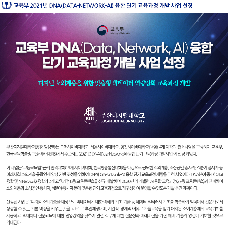 
  교육부 2021년 DNA(Data-Network-AI) 융합 단기 교육과정 개발 사업 선정

  부산디지털대학교(총장 양상백)는 고려사이버대학교, 서울사이버대학교, 영진사이버대학교(책임) 4개 대학과 컨소시엄을 구성하여 교육부, 한국교육학술정보원(이하 KERIS)에서 주관하는 ‘2021년 DNA(Data-Network-AI) 융합 단기 교육과정 개발사업’에 선정 되었다.
  이 사업은 “고등교육법” 근거 원격대학(19개 사이버대학, 한국방송통신대학)을 대상으로 공모한 소외계층, 소상공인 종사자, AI분야 종사자 등 미래사회 소외계층 융합인재 양성 기반 조성을 위하여 DNA(Data-Network-AI) 융합 단기 교육과정 개발을 위한 사업이다. DNA분야 중 D(Data) 융합 및 N(Network) 융합의 2개 교육과정 8종 교육콘텐츠를 신규 개발하며, 2020년 기 개발한 AI 융합 교육과정(27종 교육콘텐츠)과 연계하여 소외계층과 소상공인 종사자, AI분야 종사자 등에 맞춤형 단기 교육과정으로 재구성하여 운영할 수 있도록 개발 추진 계획이다. 
  선정된 사업은 “디지털 소외계층을 대상으로 빅데이터에 대한 이해와 기초 기술 등 데이터 리터러시 기초를 학습하여 빅데이터 전문가로서 성장할 수 있는 기본 역량을 키우는 것을 목표” 로 추진예정이며, 시간적, 경제적 이유로 기술교육을 받기 어려운 소외계층에게 교육기회를 제공하고, 빅데이터 전문교육에 대한 진입장벽을 낮추어 관련 직무에 대한 전문성과 미래비전을 가진 예비 기술자 양성에 기여할 것으로 기대된다.
  