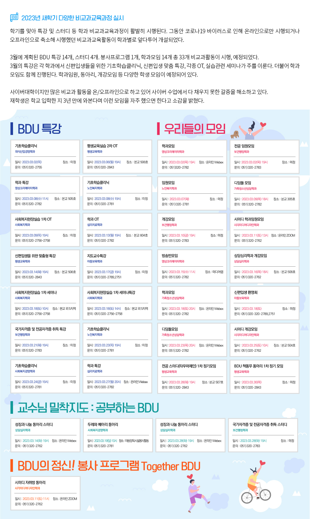 2023년 새학기 다양한 비교과교육과정 실시. 새 학기를 맞아 특강 및 스터디 등 학과 비교과교육과정이 활발히 시행된다. 그동안 코로나19 바이러스로 인해 온라인으로만 시행되거나 오프라인으로 축소해 시행했던 비교과교육활동이 학과별로 앞다투어 개설되었다. 3월에 계획된 BDU 특강 14개, 스터디 4개. 봉사프로그램 1개, 학과모임 14개 총 33개 비교과활동이 시행, 예정되었다. 3월의 특강은 각 학과에서 신편입생들을 위한 기초학습클리닉, 신편입생 맞춤 특강, 각종 OT, 실습관련 세미나가 주를 이룬다. 더불어 학과 모임도 함께 진행된다. 학과임원, 동아리, 개강모임 등 다양한 학생 모임이 예정되어 있다. 사이버대학이지만 많은 비교과 활동을 온/오프라인으로 하고 있어 사이버 수업에서 다 채우지 못한 갈증을 해소하고 있다. 재학생은 학교 입학한 지 3년 만에 와본다며 이런 모임을 자주 했으면 한다고 소감을 밝혔다. [BDU 특강] 기초학습클리닉, 외식산업경영학과, - 일시: 2023.03.02.(목), - 장소: 미정, - 문의: 051-320-2755. 평생교육실습 2차 OT, 평생교육학과, - 일시: 2023.03.06.(월) 19시, - 장소: 본교 506호, - 문의: 051-320-2843. 학과 특강, 영상크리에이터학과, - 일시: 2023.03.08.(수) 11시, - 장소: 본교 505호, - 문의: 051-320-2782. 1기초학습클리닉, 노인복지학과, - 일시: 2023.03.08.(수) 19시, - 장소: 미정, - 문의: 051-320-2781. 사회복지현장실습 1차 OT, 사회복지학과, - 일시: 2023.03.09.(목) 19시, - 장소: 미정, - 문의: 051-320-2756~2758. 학과 OT, 심리치료학과, - 일시: 2023.03.13.(월) 19시, - 장소: 본교 604호, - 문의: 051-320-2782. 신편입생을 위한 맞춤형 특강, 평생교육학과, - 일시: 2023.03.14.(화) 19시, - 장소: 본교 506호, - 문의: 051-320-2843. 지도교수특강, 아동보육학과, - 일시: 2023.03.17.(금) 19시, - 장소: 미정, - 문의: 051-320-2789,2751. 사회복지현장실습 1차 세미나, 사회복지학과, - 일시: 2023.03.18.(토) 10시, - 장소: 부산디지털대학교 외 5지역, - 문의: 051-320-2756~2758. 사회복지현장실습 1차 세미나, 사회복지학과, - 일시: 2023.03.18.(토) 14시, - 장소: 부산디지털대학교 외 5지역, - 문의: 051-320-2756~2758. 국가자격증 및 전공자격증 취득 특강, 보건행정학과, - 일시: 2023.03.21.(화) 19시, - 장소: 미정, - 문의: 051-320-2783. 기초학습클리닉, 노인복지학과, - 일시: 2023.03.23.(목) 19시, - 장소: 미정, - 문의: 051-320-2781. 기초학습클리닉, 사회복지경영학과, - 일시: 2023.03.24.(금) 19시, - 장소: 미정, - 문의: 051-320-2781. 학과 특강, 심리치료학과, - 일시: 2023.03.27.(월) 20시, - 장소: 온라인 Webex, - 문의: 051-320-2782. [우리들의 모임] 학과모임, 영상크리에이터학과, - 일시: 2023.03.02.(목) 19시, - 장소: 온라인 Webex, - 문의: 051-320-2782. 전공 임원모임, 보건행정학과, - 일시: 2023.03.02.(목) 19시, - 장소: 미정, - 문의: 051-320-2783. 임원모임, 노인복지학과, - 일시: 2023.03.07.(화), - 장소: 미정, - 문의: 051-320-2781. 디딤돌 모임, 가족청소년상담학과, - 일시: 2023.03.09.(목) 18시, - 장소: 본교 305호, - 문의: 051-320-2782. 개강모임, 보건행정학과, - 일시: 2023.03.10.(금) 19시, - 장소: 미정, - 문의: 051-320-2783. 시미디 학과임원모임, 시각미디어디자인학과, - 일시: 2023.03.11.(토) 13시, - 장소: 온라인 ZOOM, - 문의: 051-320-2762. 방송반모임, 영상크리에이터학과, - 일시: 2023.03.15.(수) 11시, - 장소: 미디어랩, - 문의: 051-320-2782. 상담심리학과 개강모임, 상담심리학과, - 일시: 2023.03.16.(목) 18시, - 장소: 본교 506호, - 문의: 051-320-2762. 학과모임, 가족청소년상담학과, - 일시: 2023.03.18.(토) 20시, - 장소: 온라인 Webex, - 문의: 051-320-2782. 신편입생 환영회, 아동보육학과, - 일시: 2023.03.18.(토), - 장소: 미정, - 문의: 051-320-2789,2751. 디딤돌모임, 가족청소년상담학과, - 일시: 2023.03.23.(목) 20시, - 장소: 온라인 Webex, - 문의: 051-320-2782. 시미디 개강모임, 시각미디어디자인학과, - 일시: 2023.03.25.(토) 10시, - 장소: 본교 504호, - 문의: 051-320-2762. 전공 스터디(타우마제인) 1차 정기모임, 평생교육학과, - 일시: 2023.03.28.(화) 19시, - 장소: 본교 507호, - 문의: 051-320-2843. BDU 책동무 동아리 1차 정기 모임, 평생교육학과, - 일시: 2023.03.30.(목), - 장소: 미정, - 문의: 051-320-2843. [교수님 밀착지도 : 공부하는 BDU] 성장과 나눔 동아리 스터디, 상담심리학과, - 일시: 2023.03.14.(화) 19시, - 장소: 온라인 Webex, - 문의: 051-320-2762. 두레와 메아리 동아리, 사회복지경영학과, - 일시: 2023.03.19.(일) 10시, - 장소: 아동양육시설봉사활동, - 문의: 051-320-2781. 성장과 나눔 동아리 스터디, 상담심리학과, - 일시: 2023.03.28.(화) 19시, - 장소: 온라인 Webex, - 문의: 051-320-2762. 국가자격증 및 전공자격증 취득 스터디, 보건행정학과, - 일시: 2023.03.28.(화) 19시, - 장소: 미정, - 문의: 051-320-2783. [together BDU(BDU의 정신! 봉사 PROGRAM)] 시미디 자취방 동아리, 시각미디어디자인학과, - 일시: 2023.03.11.(토) 11시, - 장소: 온라인 ZOOM, - 문의: 051-320-2762. 