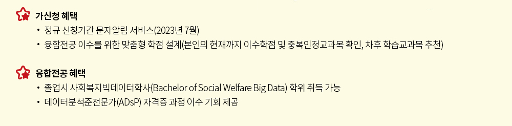 가신청 혜택: 정규 신청기간 문자알림 서비스(2023년 7월), 융합전공 이수를 위한 맞춤형 학점 설계(본인의 현재까지 이수학점 및 중복인정교과목 확인, 차후 학습교과목 추천). 융합전공 혜택: 졸업시 사회복지빅데이터학사(Bachelor of Social Welfare Big Data) 학위 취득 가능, 데이터분석준전문가(ADsP) 자격증 과정 이수 기회 제공.