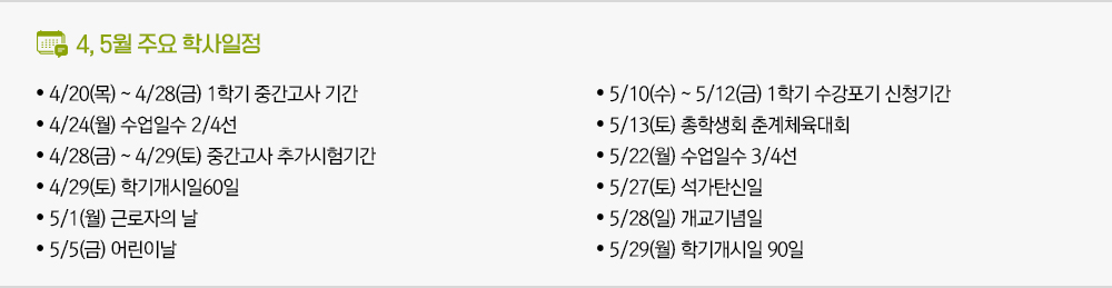 4월, 5월 주요 학사일정 - 4/20(목) ~ 4/28(금) 1학기 중간고사 기간 - 4/24(월) 수업일수 2/4선 - 4/28(금) ~ 4/29(토) 중간고사 추가시험기간 - 4/29(토) 학기개시일60일 - 5/1(월) 근로자의 날 - 5/5(금) 어린이날 - 5/10(수) ~ 5/12(금) 1학기 수강포기 신청기간 - 5/13(토) 총학생회 춘계체육대회 - 5/22(월) 수업일수 3/4선 - 5/27(토) 석가탄신일 - 5/28(일) 개교기념일 - 5/29(월) 학기개시일 90일 