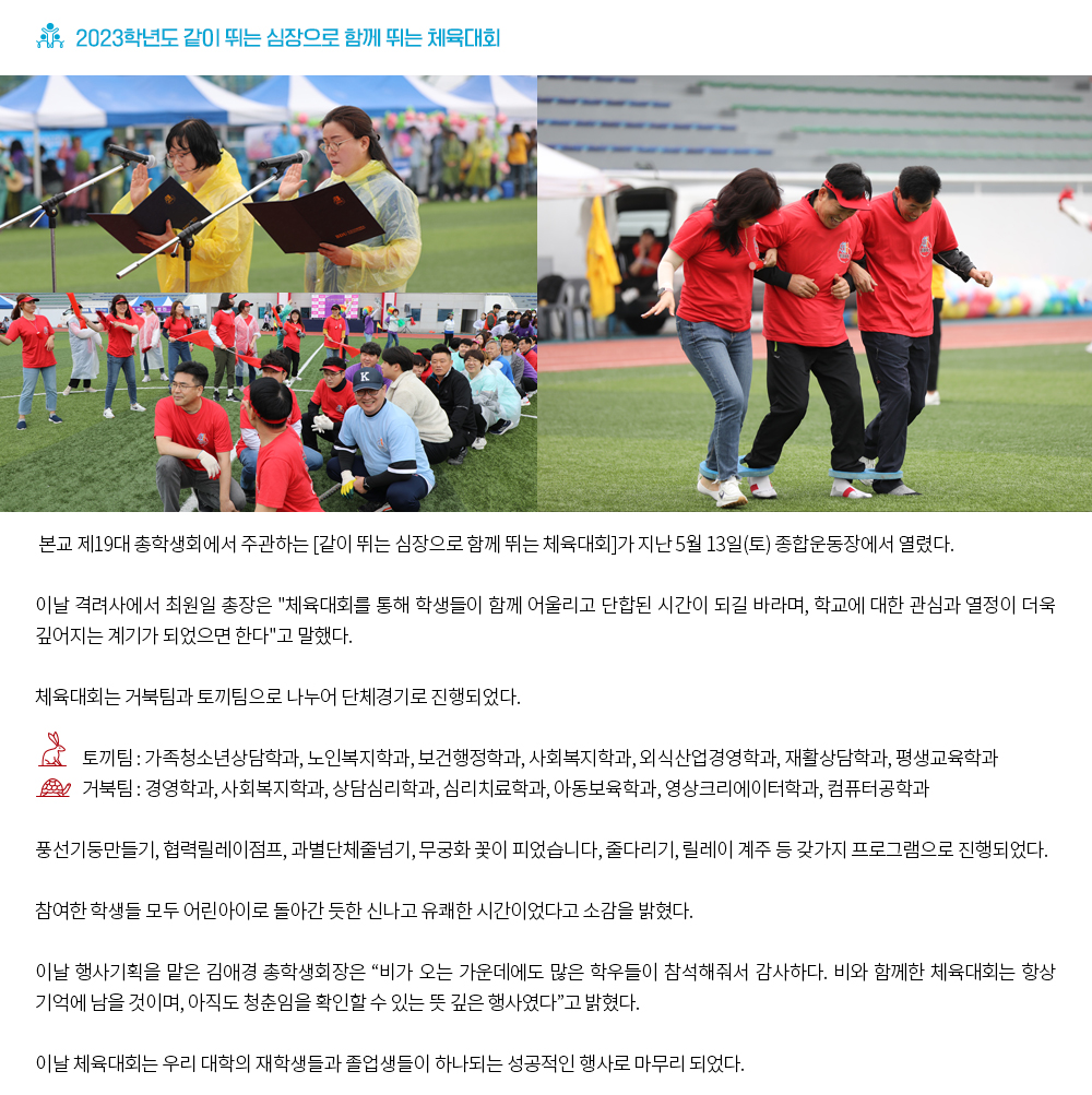 2023학년도 같이 뛰는 심장으로 함께 뛰는 체육대회. 본교 제19대 총학생회에서 주관하는 [같이 뛰는 심장으로 함께 뛰는 체육대회]가 지난 5월 13일(토) 종합운동장에서 열렸다. 이날 격려사에서 최원일 총장은 "체육대회를 통해 학생들이 함께 어울리고 단합된 시간이 되길 바라며, 학교에 대한 관심과 열정이 더욱 깊어지는 계기가 되었으면 한다"고 말했다. 체육대회는 거북팀과 토끼팀으로 나누어 단체경기로 진행되었다. 토끼팀 : 가족청소년상담학과, 노인복지학과, 보건행정학과, 사회복지학과, 외식산업경영학과, 재활상담학과, 평생교육학과 거북팀 : 경영학과, 사회복지학과, 상담심리학과, 심리치료학과, 아동보육학과, 영상크리에이터학과, 컴퓨터공학과 풍선기둥만들기, 협력릴레이점프, 과별단체줄넘기, 무궁화 꽃이 피었습니다, 줄다리기, 릴레이 계주 등 갖가지 프로그램으로 진행되었다. 참여한 학생들 모두 어린아이로 돌아간 듯한 신나고 유쾌한 시간이었다고 소감을 밝혔다. 이날 행사기획을 맡은 김애경 총학생회장은 “비가 오는 가운데에도 많은 학우들이 참석해줘서 감사하다. 비와 함께한 체육대회는 항상 기억에 남을 것이며, 아직도 청춘임을 확인할 수 있는 뜻 깊은 행사였다”고 밝혔다. 이날 체육대회는 우리 대학의 재학생들과 졸업생들이 하나되는 성공적인 행사로 마무리 되었다.