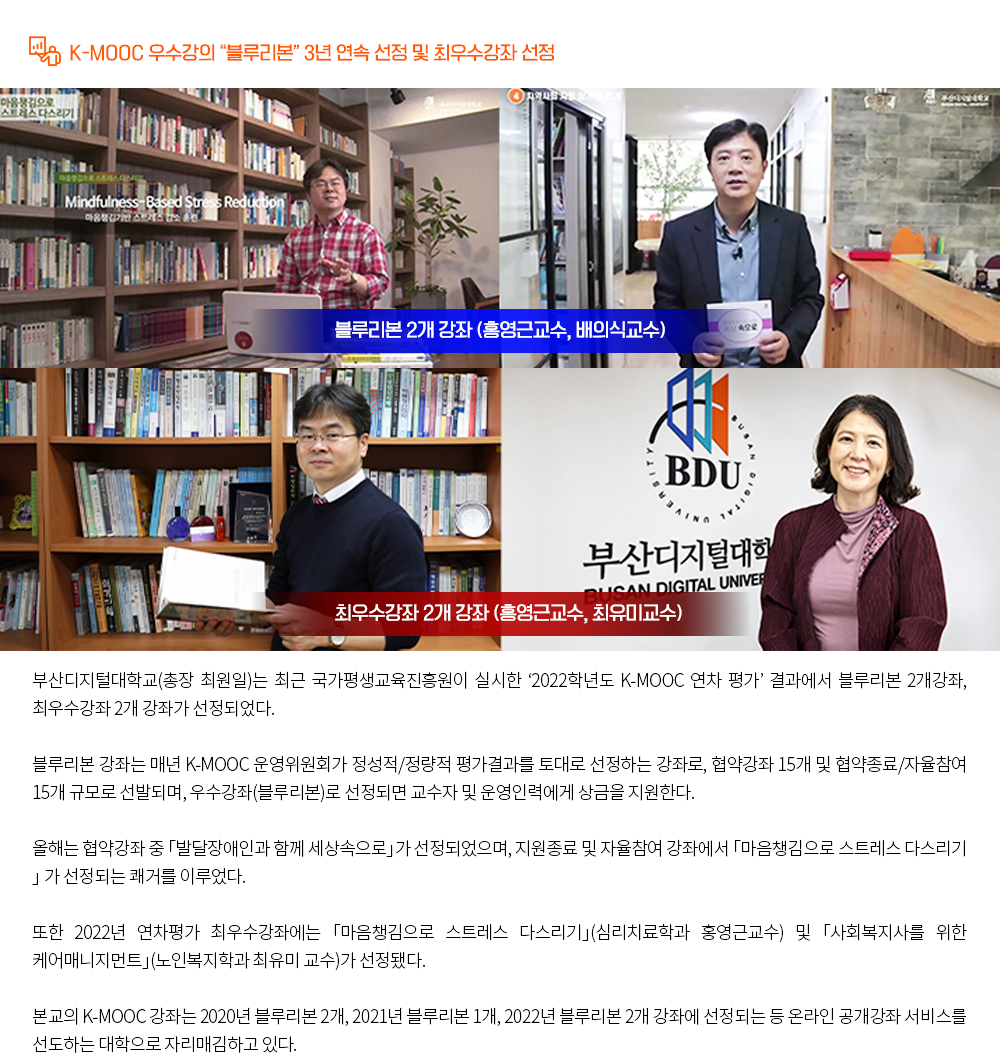 K-MOOC 우수강의 “블루리본” 3년 연속 선정 및 최우수강좌 선정. 부산디지털대학교(총장 최원일)는 최근 국가평생교육진흥원이 실시한 ‘2022학년도 K-MOOC 연차 평가’ 결과에서 블루리본 2개강좌, 최우수강좌 2개 강좌가 선정되었다. 먼저 블루리본 강좌에는 「마음챙김으로 스트레스 다스리기」(심리치료학과 홍영근교수) 「발달장애인과 함께 세상속으로」 (사회복지경영학과 배의식 교수)가 2개 강좌가 선정되었다. 블루리본 강좌는 매년 K-MOOC 운영위원회가 정성적/정량적 평가결과를 토대로 선정하는 강좌로, 협약강좌 15개 및 협약종료/자율참여 15개 규모로 선발되며, 우수강좌(블루리본)로 선정되면 교수자 및 운영인력에게 상금을 지원한다. 올해는 협약강좌 중 「발달장애인과 함께 세상속으로」가 선정되었으며, 지원종료 및 자율참여 강좌에서「마음챙김으로 스트레스 다스리기」 선정되는 등 쾌거를 이루었다. 또한 2022년 연차평가 최우수강좌에는 「마음챙김으로 스트레스 다스리기」(심리치료학과 홍영근교수) 및 「사회복지사를 위한 케어매니지먼트」(노인복지학과 최유미 교수)가 선정됐다. 본교의 K-MOOC 강좌는 2020년 블루리본 2개, 2021년 블루리본 1개, 2022년 블루리본 2개 강좌에 선정되는 등 온라인 공개강좌 서비스를 선도하는 대학으로 자리매김하고 있다.