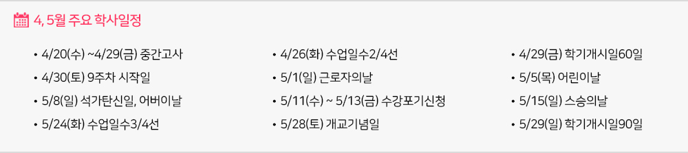 4,5월 주요학사일정 - 4/20(수) ~4/29(금) 중간고사 - 4/26(화) 수업일수2/4선 - 4/29(금) 학기개시일60일 - 4/30(토) 9주차 시작일 - 5/1(일) 근로자의 날 - 5/5(목) 어린이날 - 5/8(일) 석가탄신일 - 5/11(수) ~ 5/13(금) 수강포기신청 - 5/24(화) 수업일수3/4선 - 5/28(토) 개교기념일 - 5/29(일) 학기개시일90일 