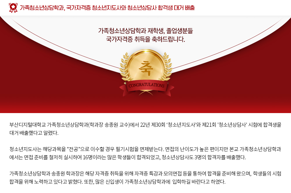 가족청소년상담학과, 국가자격증 청소년지도사와 청소년상담사 합격생 대거배출. 가족청소년상담학과 재학생, 졸업생분들 국가자격증 취득을 축하드립니다. 축 CONGRATULATIONS. 부산디지털대학교 가족청소년상담학과(학과장 송종원 교수)에서 22년 제 30회 '청소년지도사'와 제 21회 '청소년상담사' 시험에 합격생을 대거 배출했다고 알렸다. 청소년지도사는 해당과목을 '전공'으로 이수할 경우 필기시험을 면제받는다. 면접의 난이도가 높은 편이지만 본교 가족청소년상담학과에서는 면접 준비를 철저히 실시하여 16명이라는 많은 학생들이 합격되었고, 청소년상담사도 3명의 합격자를 배출했다. 가족청소년상담학과 송종원 학과장은 해당 자격증 취득을 위해 자격증 특강과 모의면접 등을 통하여 합격을 준비해 왔으며, 학생들의 시험합격을 위해 노력하고 있다고 밝혔다. 또한, 많은 신입생이 가족청소년상담학과에 입학하길 바란다고 하였다.