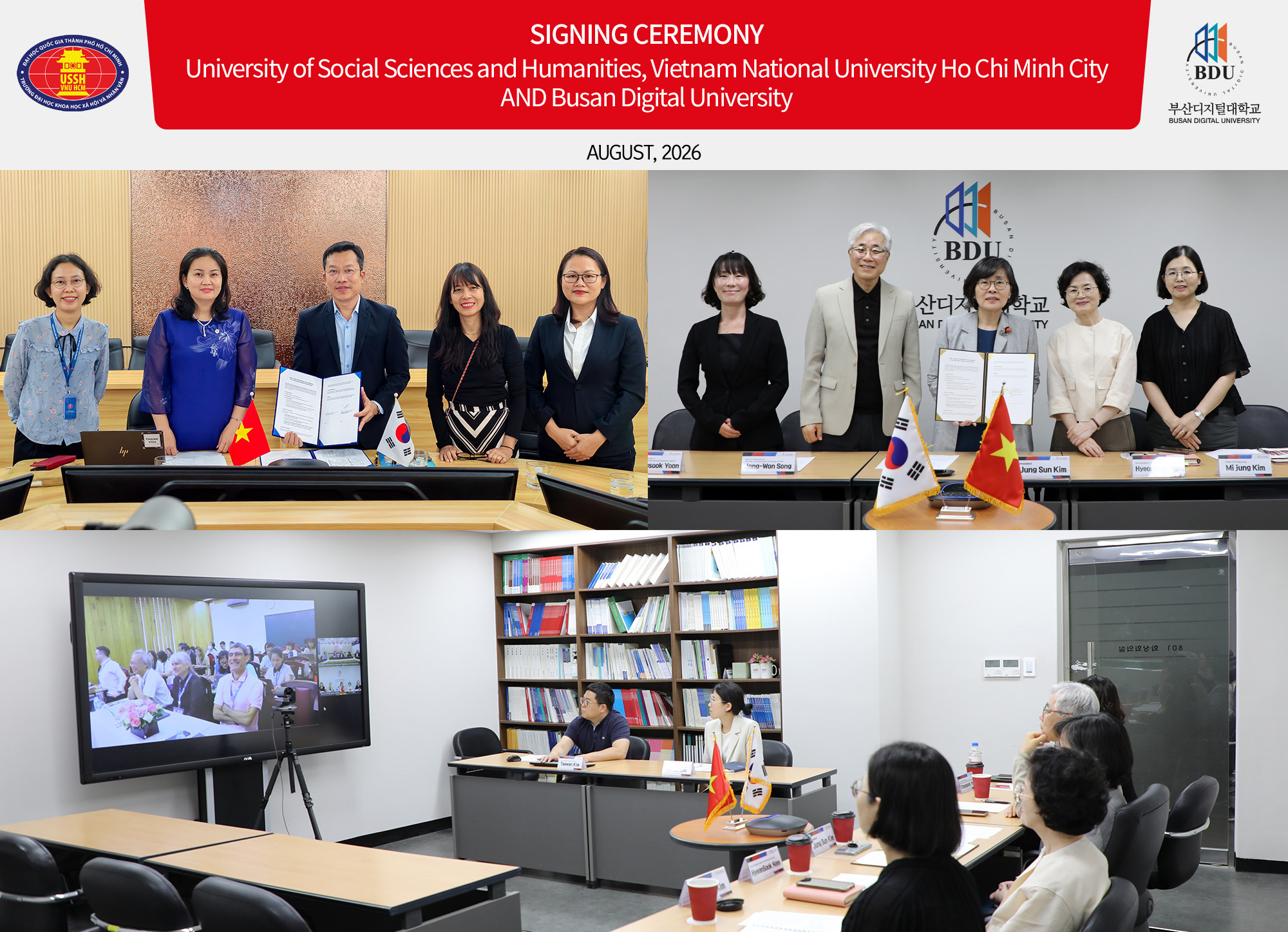 부산디지털대학교와 베트남국립대학교 호치민시 인문사회과학대학교가 온라인으로 교육 및 국제교류 확대를 위한 협력 의향서(LOI)를 체결하고 있다.
