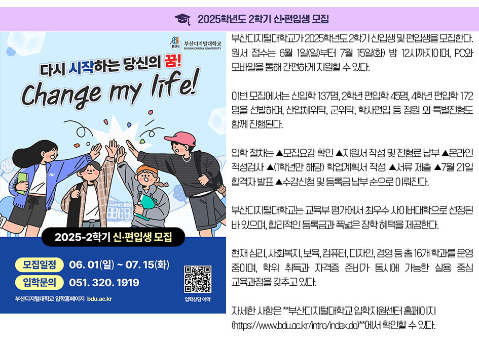 2025학년도 2학기 신․편입생 모집. 부산디지털대학교가 2025학년도 2학기 신입생 및 편입생을 모집한다. 원서 접수는 6월 1일(일)부터 7월 15일(화) 밤 12시까지이며, PC와 모바일을 통해 간편하게 지원할 수 있다. 이번 모집에서는 신입학 137명, 2학년 편입학 45명, 4학년 편입학 172명을 선발하며, 산업체위탁, 군위탁, 학사편입 등 정원 외 특별전형도 함께 진행된다. 입학 절차는 ▲모집요강 확인 ▲지원서 작성 및 전형료 납부 ▲온라인 적성검사 ▲(1학년만 해당) 학업계획서 작성 ▲서류 제출 ▲7월 21일 합격자 발표 ▲수강신청 및 등록금 납부 순으로 이뤄진다. 부산디지털대학교는 교육부 평가에서 최우수 사이버대학으로 선정된 바 있으며, 합리적인 등록금과 폭넓은 장학 혜택을 제공한다. 현재 심리, 사회복지, 보육, 컴퓨터, 디자인, 경영 등 총 16개 학과를 운영 중이며, 학위 취득과 자격증 준비가 동시에 가능한 실용 중심 교육과정을 갖추고 있다. 자세한 사항은 **부산디지털대학교 입학지원센터 홈페이지(https://www.bdu.ac.kr/intro/index.do)**에서 확인할 수 있다.