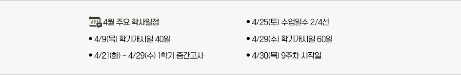 2026년 4월 주요학사일정 * 4/9(목) 학기개시일 40일 * 4/21(화) ~ 4/29(수) 1학기 중간고사 * 4/25(토) 수업일수 2/4선 * 4/29(수) 학기개시일 60일 * 4/30(목) 9주차 시작일